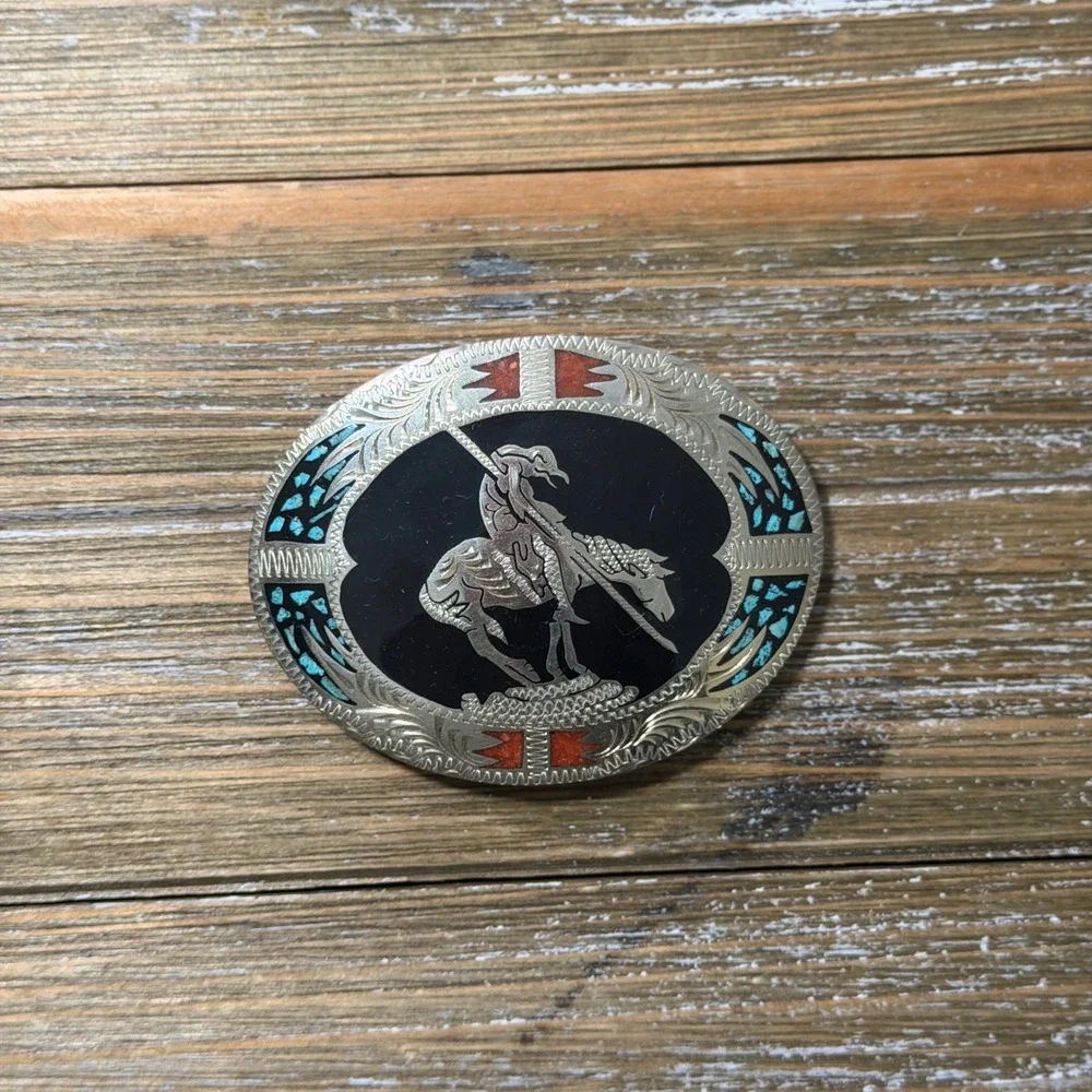 Vintage Western End of the Trail Belt Buckle Turquoise Coral Inlay Oval Silver